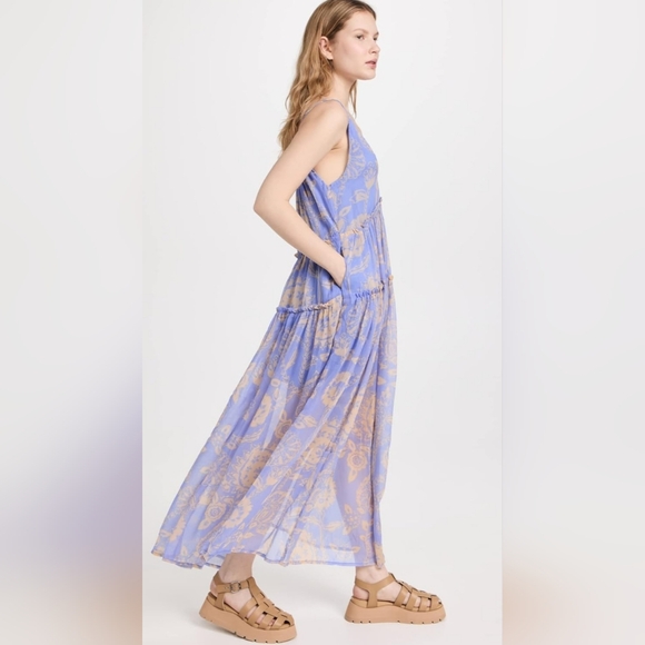 Free People Julianna Floral Sheer Maxi Dress NWT Sz L Blue Print Ruffle Dress - Picture 5 of 5